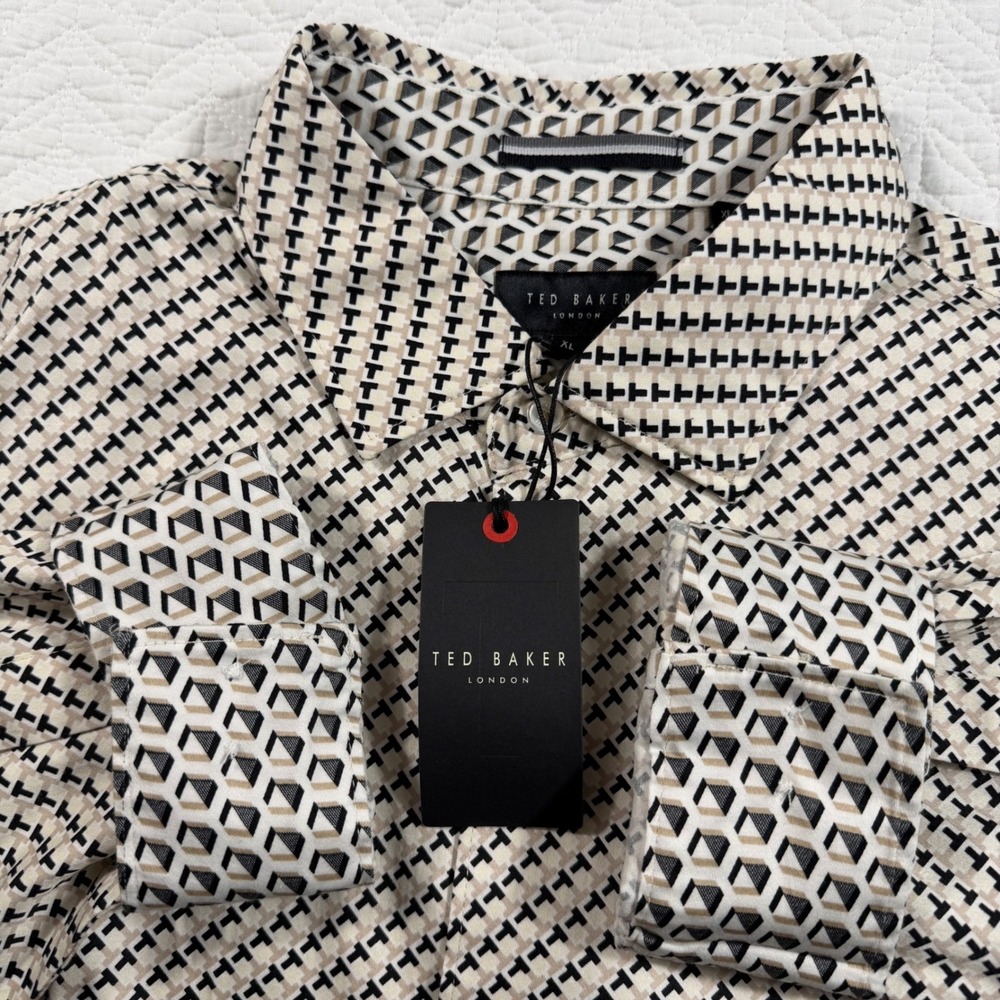 NWT Ted Baker Soren LS Ted Print Shirt Oxford Tan Geometric Buttoned Men XL $175
